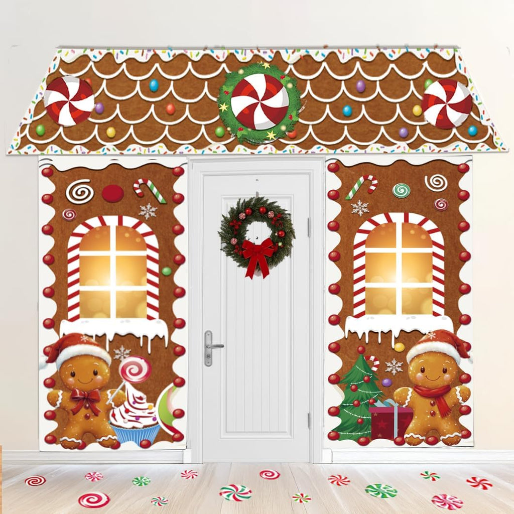 Christmas Decorations Gingerbread Man Scene Gingerbread Man House Backdrops Long LED String Light Candy Stickers Christmas Backdrop for Party & Wall Deco