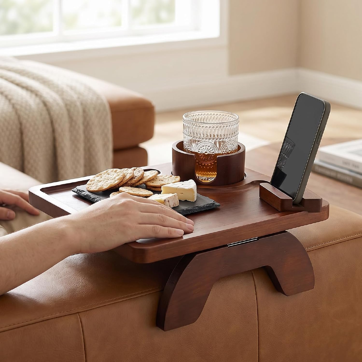 Foldable Sofa Arm Tray, Wood Couch Armrest Table with 360 Rotatable Phone Stand & Cup Holder for Living Room Snacks, Drinks, Books, Remotes (Brown)
