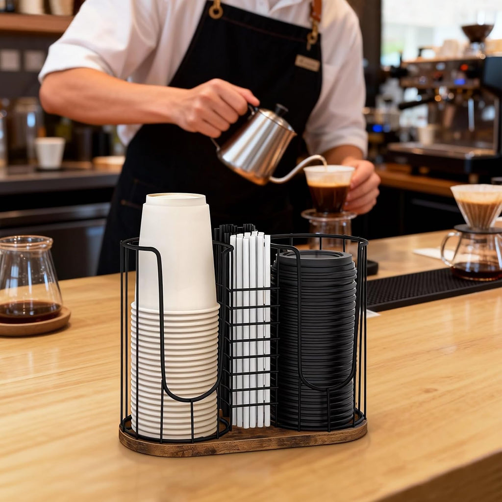 Coffee Cup Holder 18oz 3-Compartment Paper Cup Dispenser Rack with Wood Base - Disposable Cup, Straw & Lid Organizer 3-in-1 Storage for Countertop, Coffee Bar, Kitchen, Office