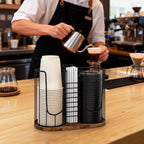 Coffee Cup Holder 18oz 3-Compartment Paper Cup Dispenser Rack with Wood Base - Disposable Cup, Straw & Lid Organizer 3-in-1 Storage for Countertop, Coffee Bar, Kitchen, Office