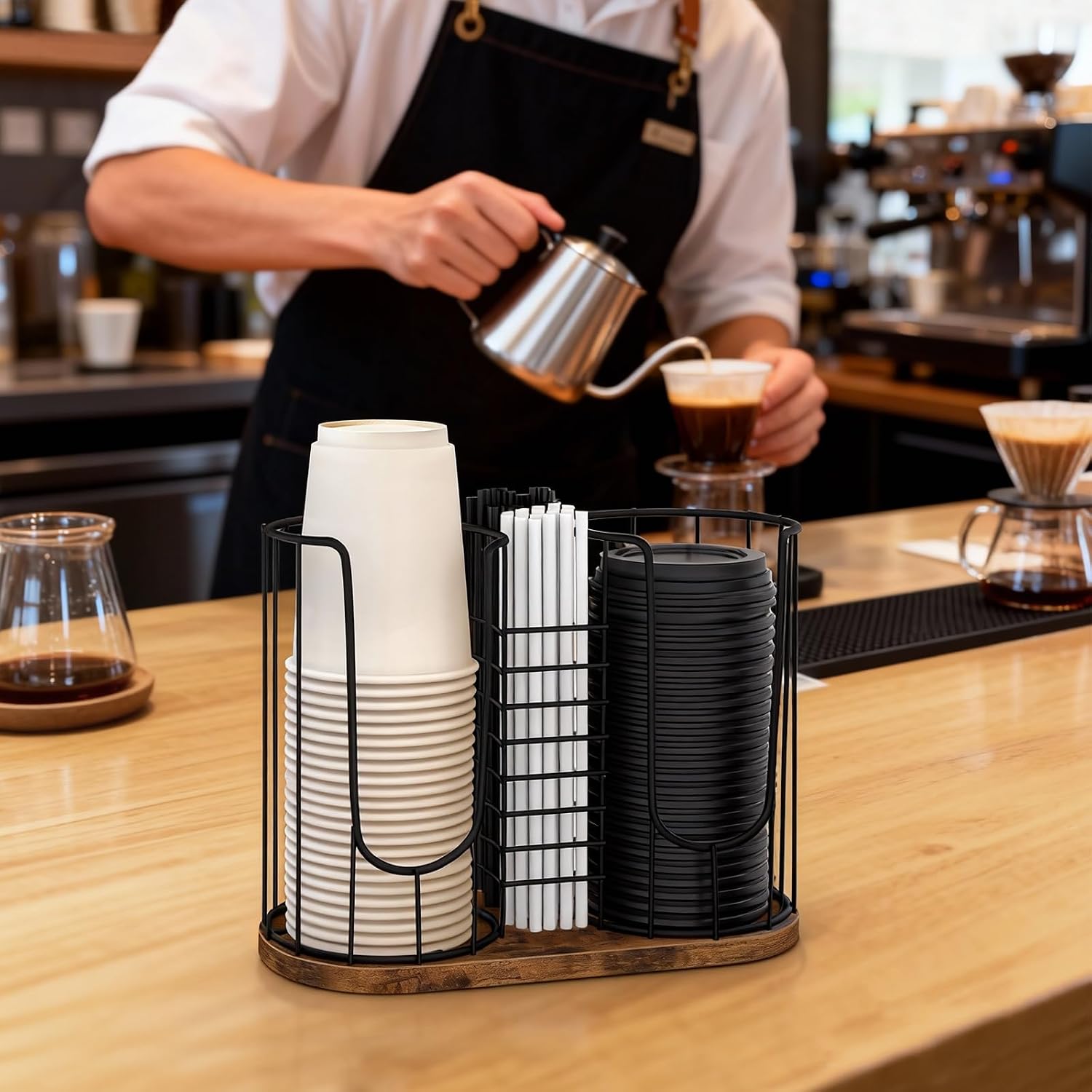 Coffee Cup Holder 18oz 3-Compartment Paper Cup Dispenser Rack with Wood Base - Disposable Cup, Straw & Lid Organizer 3-in-1 Storage for Countertop, Coffee Bar, Kitchen, Office