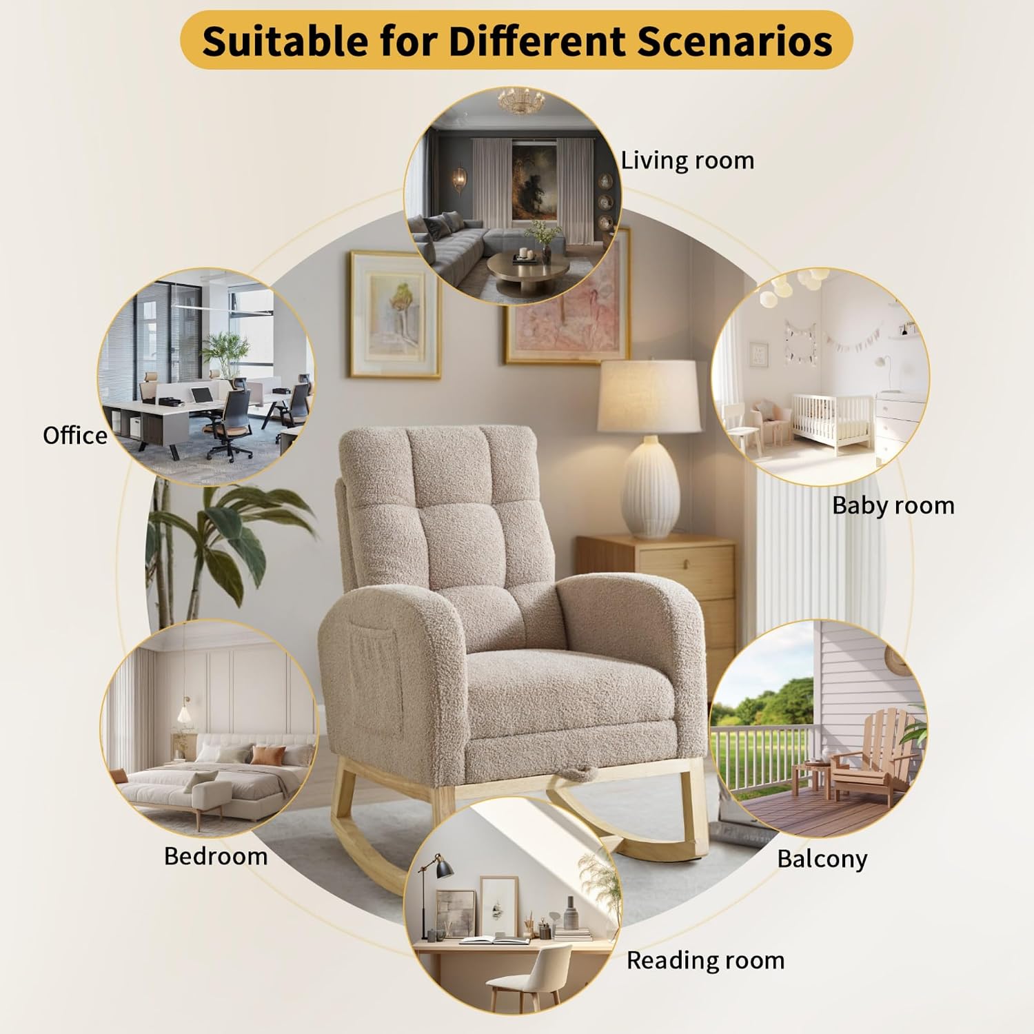 Rosevera Nursery Rocking Chair with Adjustable Footrest for Living Room - Teddy Fabric, Solid Wooden Legs, Comfortable Lounge Armchair with High Backrest and Side Pockets (Modern, Light Coffee)