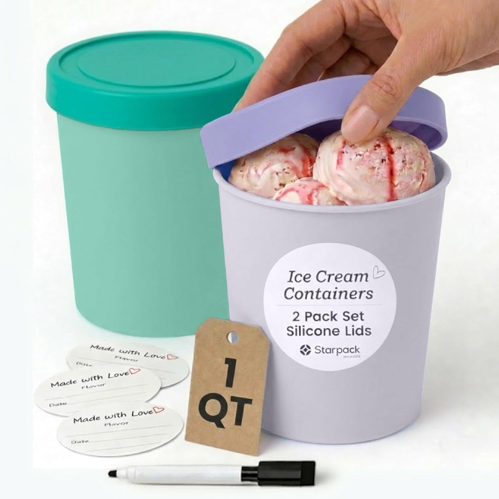 StarPack Freeze The Day Homemade Ice Cream Containers (2-Pack, 1 Quart) - Airtight Silicone Lids, BPA-Free Reusable Ice Cream Freezer Containers with Lids, Stackable, Lavender & Mint