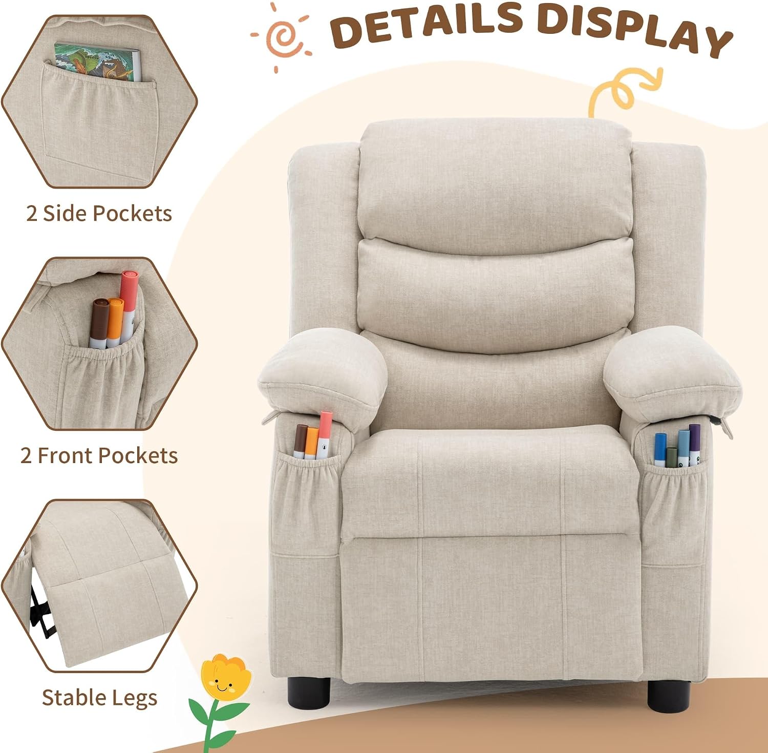 Korser Kids Recliner Chair, Push Back Toddler Recliners with Side Pockets, Child Recliner with Footrest, Cashmere Fabric Kid Chair for Girls Boys Kids Room, Children's Rooms (Beige)
