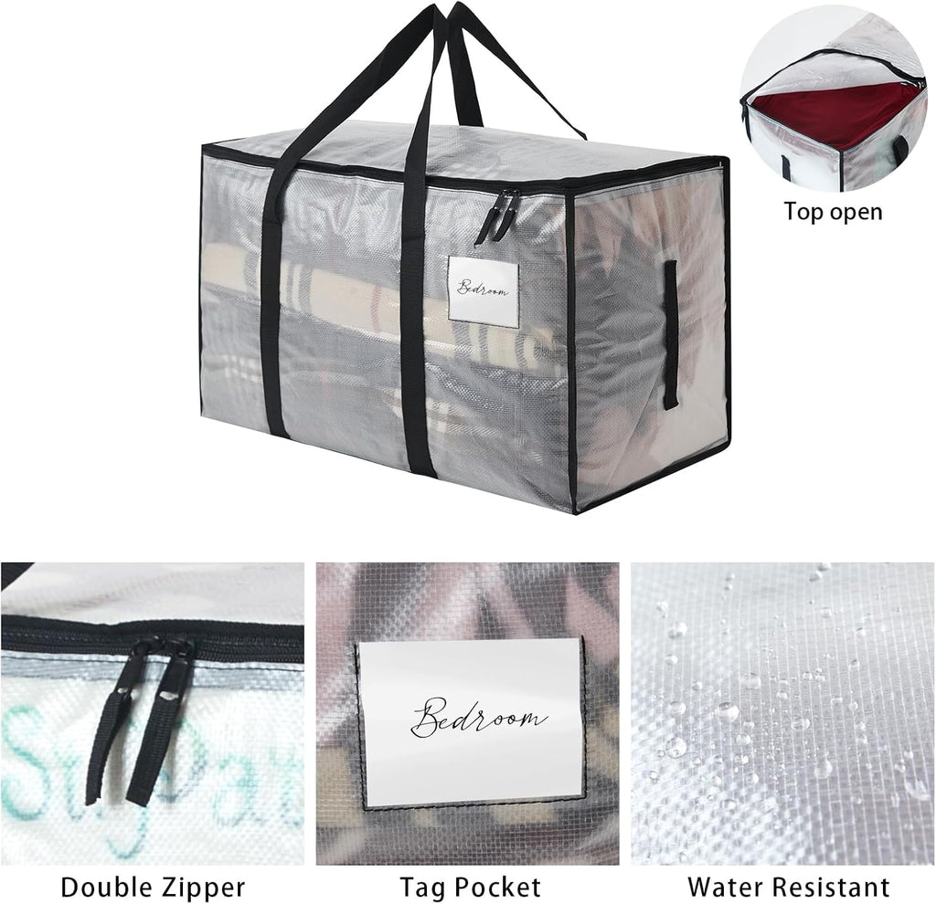 6-Pack Extra Large Clear Moving Bags with Zippers, 93L Heavy Duty Storage Totes with Wrap-Around Handles, Collapsible Clothes & Holiday Storage Bins Alternative (100lb Capacity)