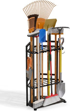 Faesun Garden Tool Organizer for Garage, Heavy Duty Garden Tool Storage Organizer with Secure Slots & Hooks, Freestanding Long Handle Tool Rack for Shovels, Rakes, Brooms, Garage, Shed & Yard