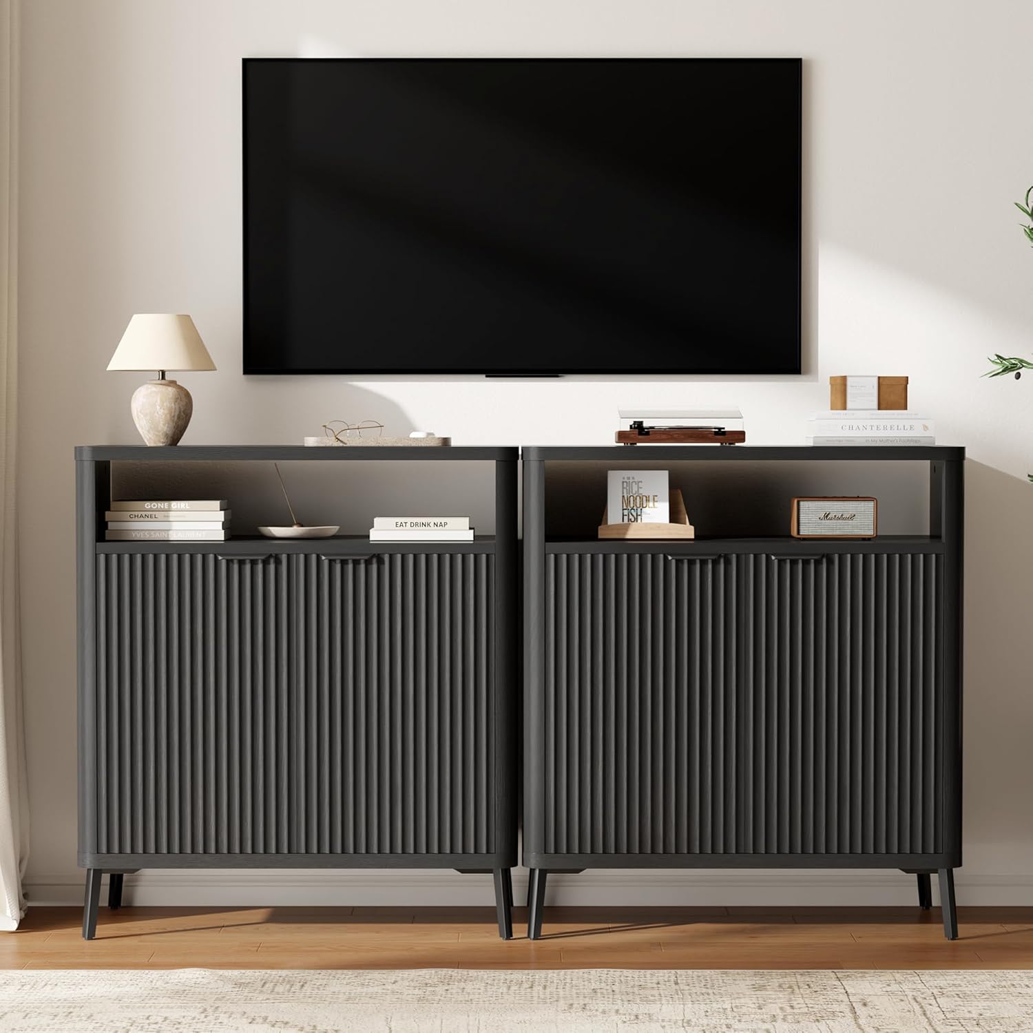 Fatmok Fluted Buffet Cabinet with Storage, 31.4" Wide Wood Sideboard Credenza with 2 Doors & Open Storage Shelf, Modern Coffee Bar Table for Living Room Kitchen Dining Room,Black Grey