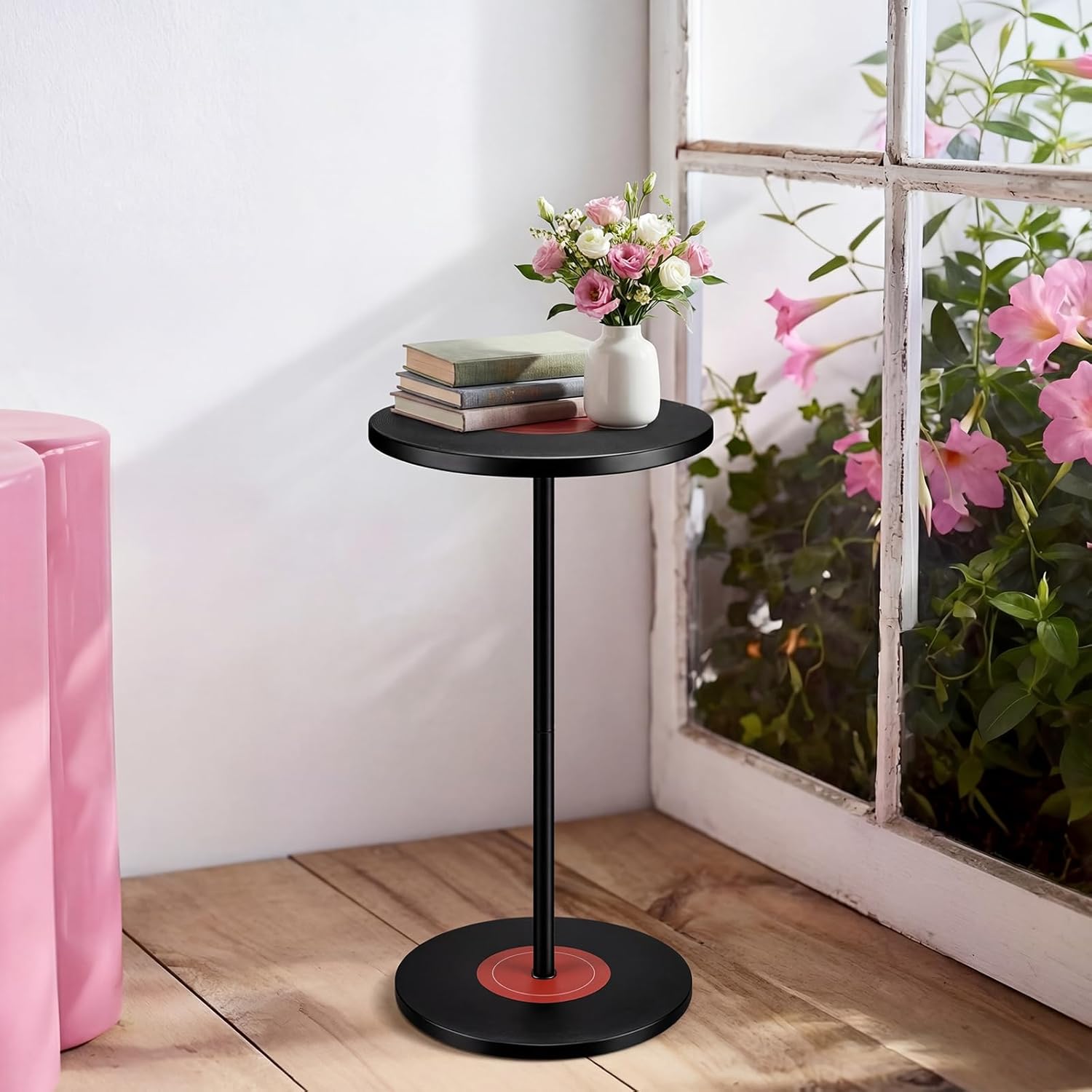 Weysat Vinyl Records Side Table Record Decoration for Indie Hippie Room Decor Small Round End Drink Table with Pedestal Modern Hippie Decor for Home Music Room Party Aesthetic Decoration 14x25.6 Inch