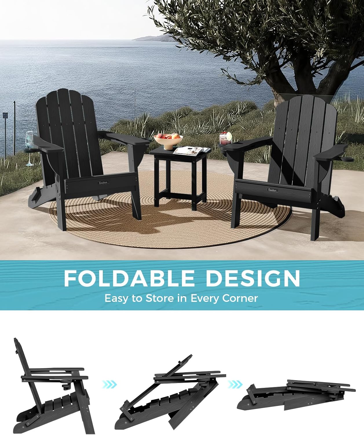Folding Adirondack Chair, All-Weather HDPE Plastic Patio Chair with 2 Cup Holders, Wooden Textured Lawn Chair, Perfect for Fire Pit,Black