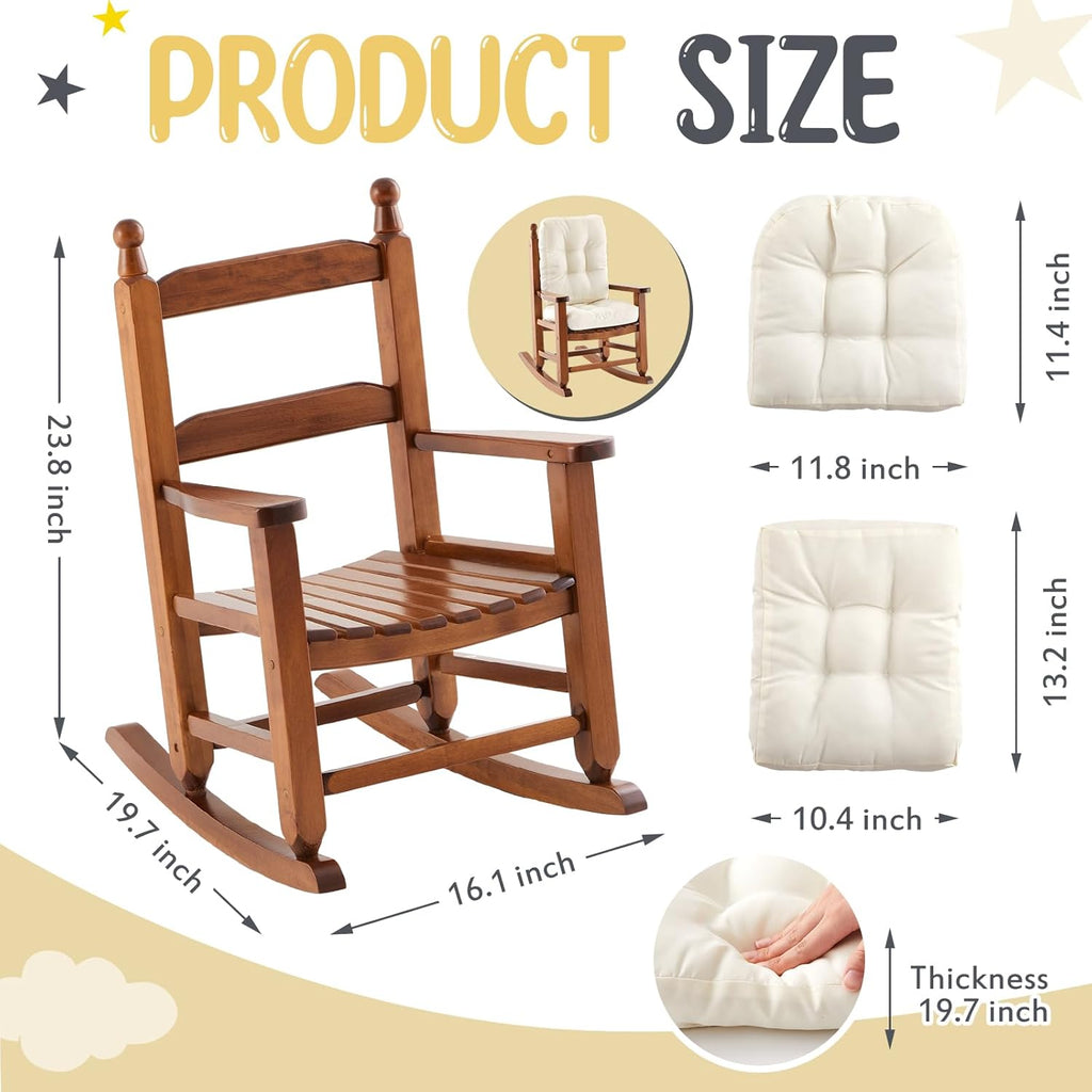 Yalikop Kids Rocking Chair Cushion Pad Set Toddler Rocking Chair Indoor Outdoor Wooden Rocker Child Patio Rocker for Porch Balcony Lawn Indoor Outdoor(Brown,Ages 2-5)