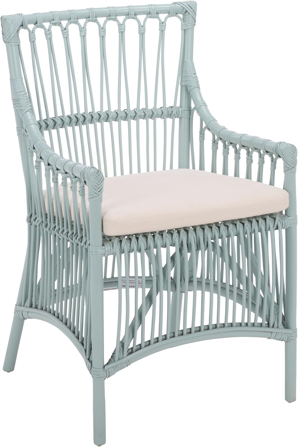 SAFAVIEH Furniture - Zorianna Dining Chair - Light Blue Rattan & White Cushion - Armchair Design - Ideal for Dining Room, Kitchen, 18.5" Seat Height (DCH6505C)