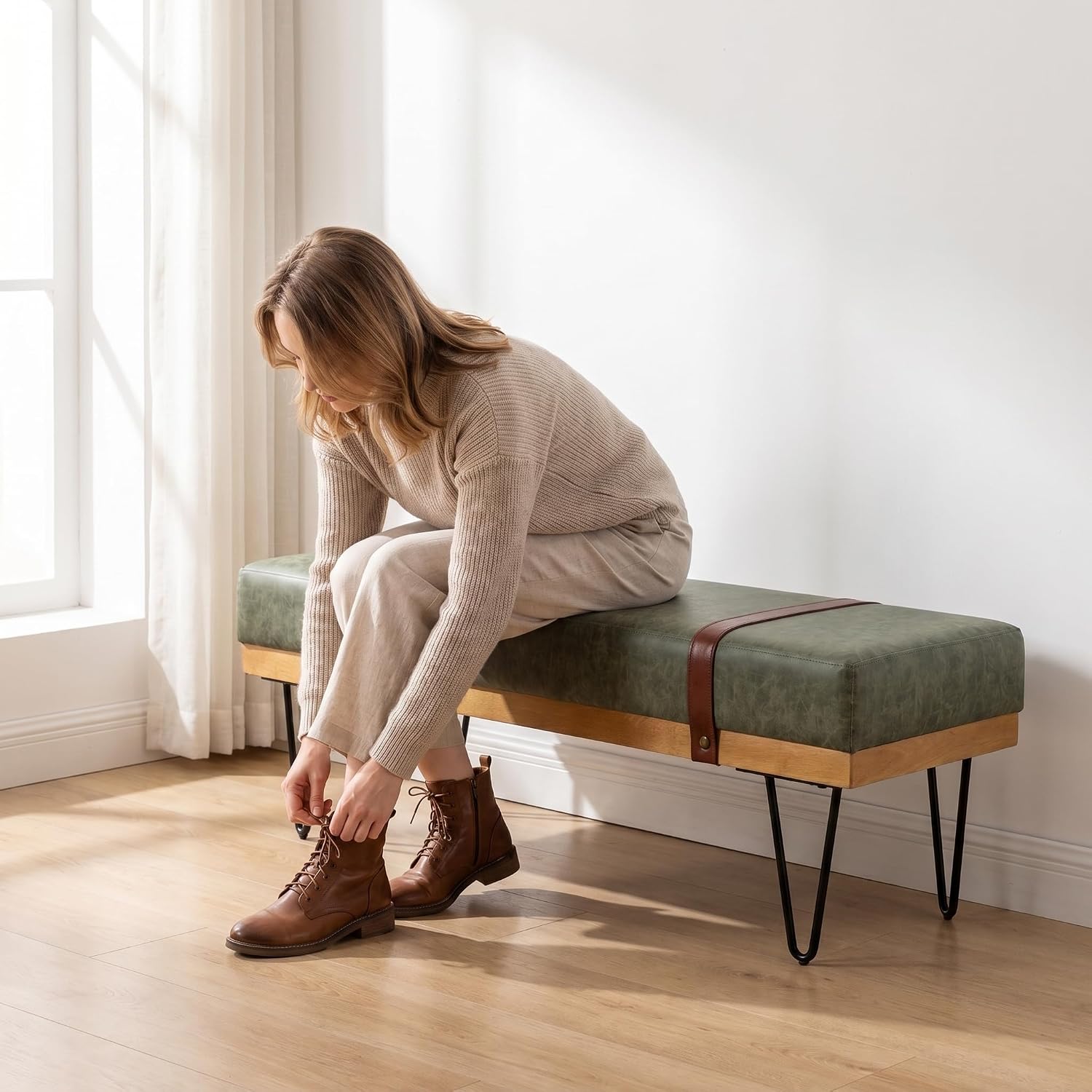 DUOMAY Industrial Modern PU Rectangle Ottoman Bench with PU Strap and Metal Legs, Mid Century Dining Table Bench Footstool Entryway Shoe Bench for Bedroom Dining Room Living Room, Green