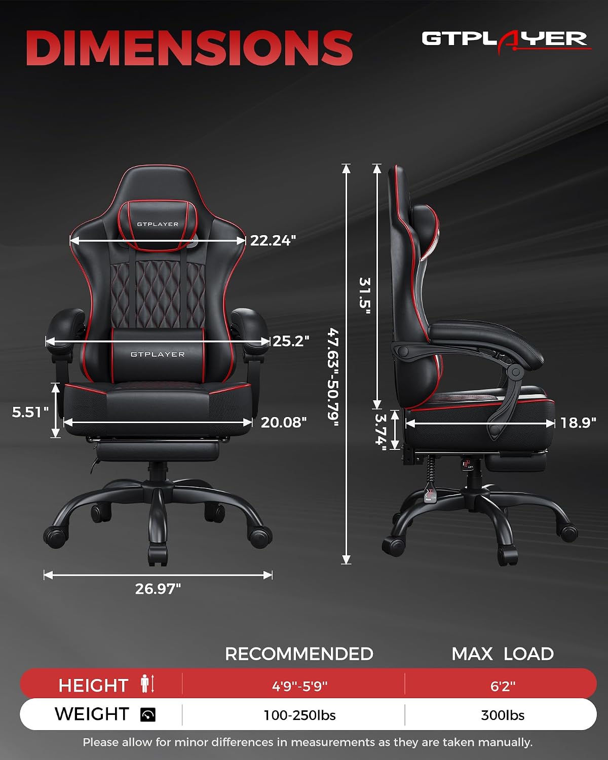 GTPLAYER Gaming Chair, 𝐁𝐢𝐠 𝐚𝐧𝐝 𝐓𝐚𝐥𝐥 Gaming Chair for Adults, 𝐖𝐢𝐝𝐞 𝐒𝐞𝐚𝐭 Computer Game Chairs with 𝐓𝐡𝐢𝐜𝐤 𝐏𝐨𝐜𝐤𝐞𝐭 𝐒𝐩𝐫𝐢𝐧𝐠 𝐂𝐮𝐬𝐡𝐢𝐨𝐧 & Footrest,Black & Red