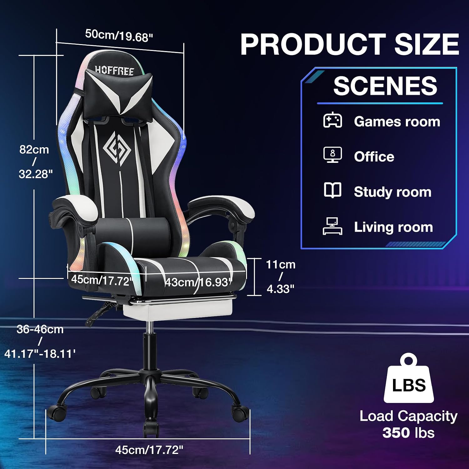 RGB Gaming Chair with LED Lights Massage Computer Chair Ergonomic High Back Video Game Chair with Footrest and Adjustable Lumbar Support Gamer Chairs with Linkage Armrest White and Black