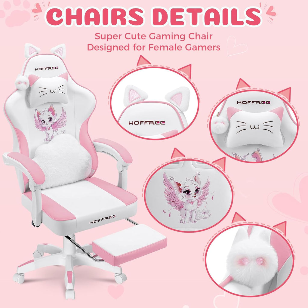 HOFFREE Pink Gaming Chair with Cat Ears and Cloud Massage Lumbar Ergonomic Cute Computer Chair for Girls with Footrest Comfortable Reclining Game Chairs for Adults Pink and White