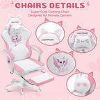 HOFFREE Pink Gaming Chair with Cat Ears and Cloud Massage Lumbar Ergonomic Cute Computer Chair for Girls with Footrest Comfortable Reclining Game Chairs for Adults Pink and White