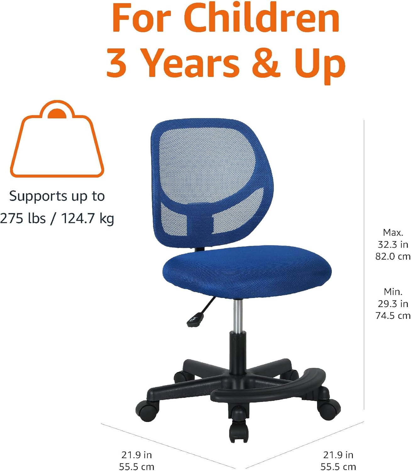 Amazon Basics Kids Adjustable Height Mesh Low-Back Swivel Desk Chair with Footrest, Rolling Study Chair, Armless, Blue