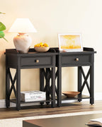 karlott 28" Nightstand with Charging Station, Solid Wood Night Stand with Pre-Assembled Drawer, Painted Bedside Table with Storage Shelf, Farmhouse End Side Table for Bedroom, Living Room, Black