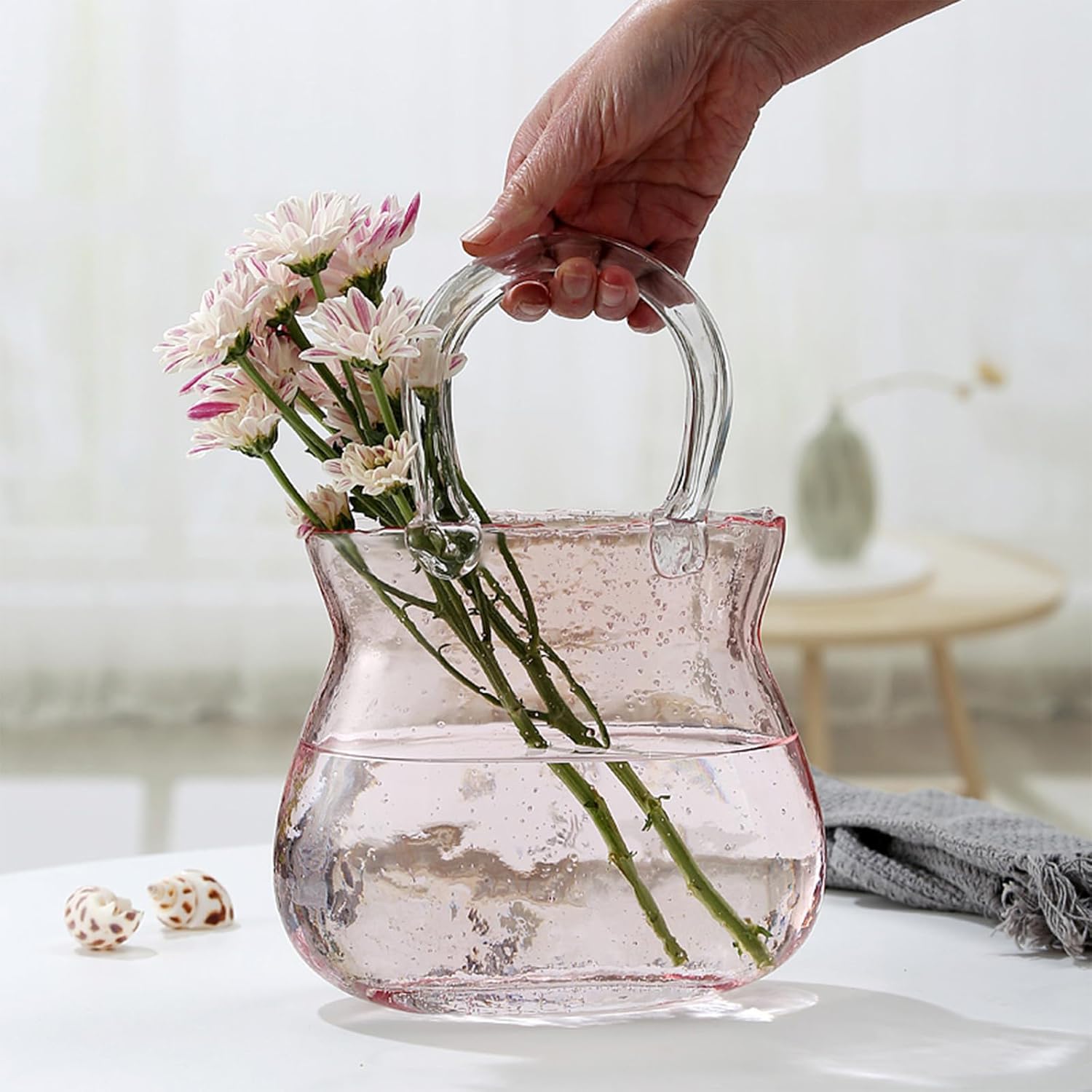 Glass Vase with Elegant Purse Design, Hand Purse vase with Fish Bowl, Unique Flower Vase with Handle and Bubbles - for Home Decor/Office/Garden/Wedding Decor/Enterpiece/Events (Purse Pink A)