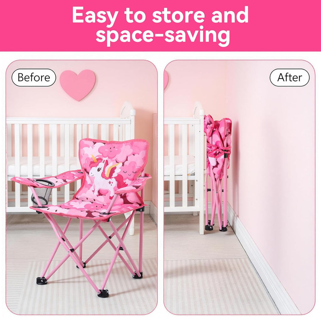 Huskfirm Padded Kids Camping Chair Folding Toddler Chair with Cup Holder & Safety Lock Portable Kids Beach Chair Ages 3-6 for Outdoor Camping Foldable Kids Chair Support 120lbs,Pink Unicorn