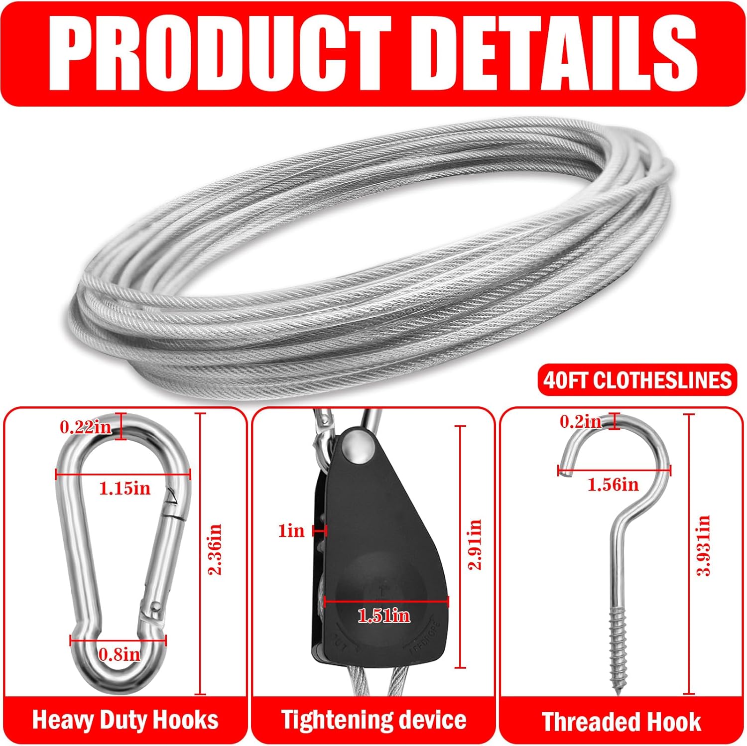 40ft Clothes Line Outdoors 3/16" Wire Ropes Silver PVC Coating Laundry Drying Clothesline Retractor with Metal Hooks Heavy Duty for Umbrella Travel Outside Camping Backyard