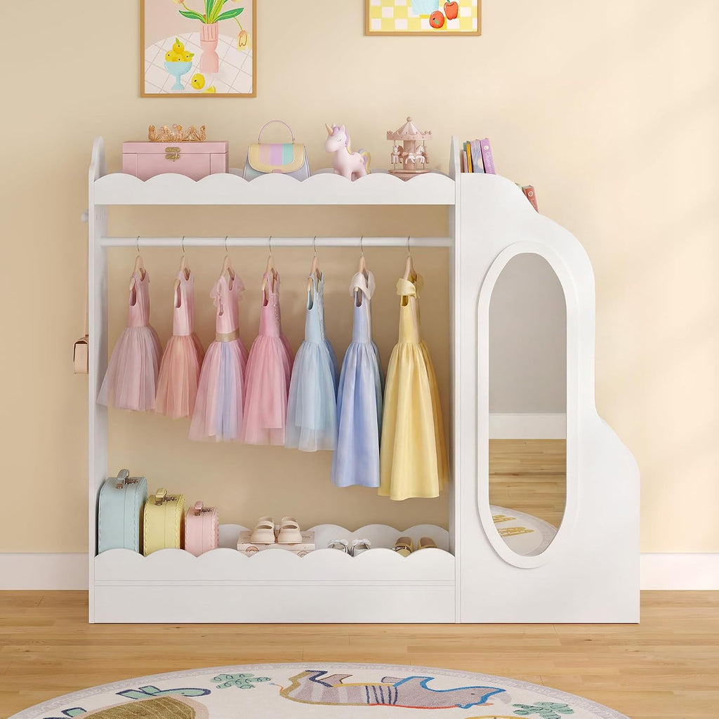 Curipeer Kids Dress Up Storage with Mirror, Bookshelf & Toy Storage, Scalloped Design Princess Closet for Little Girls, Kids Dress Up Rack, Open Hanging Armoire Wardrobe for Bedroom, Playroom, White
