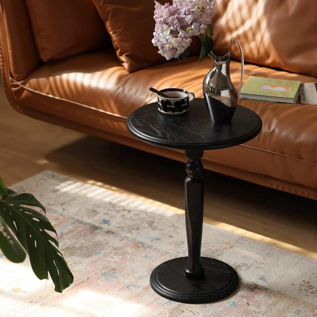 100% Solid Oak Round Pedestal Side Table for Living Rooms, Small Drink Tables for Small Spaces, Tall End Table for Bedroom, Corners, and Nursery (Black, 15.75" D x 21.26" H)
