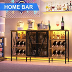 Farmhouse Wine Bar Cabinet with Led Light, Industry Coffee Bar with Wine Rack and Glass Holder, Metal Sideboard and Liquor Cabinet with Mesh Door for Living Room, 55.12"x13.78"x30.31", Rustic Brown