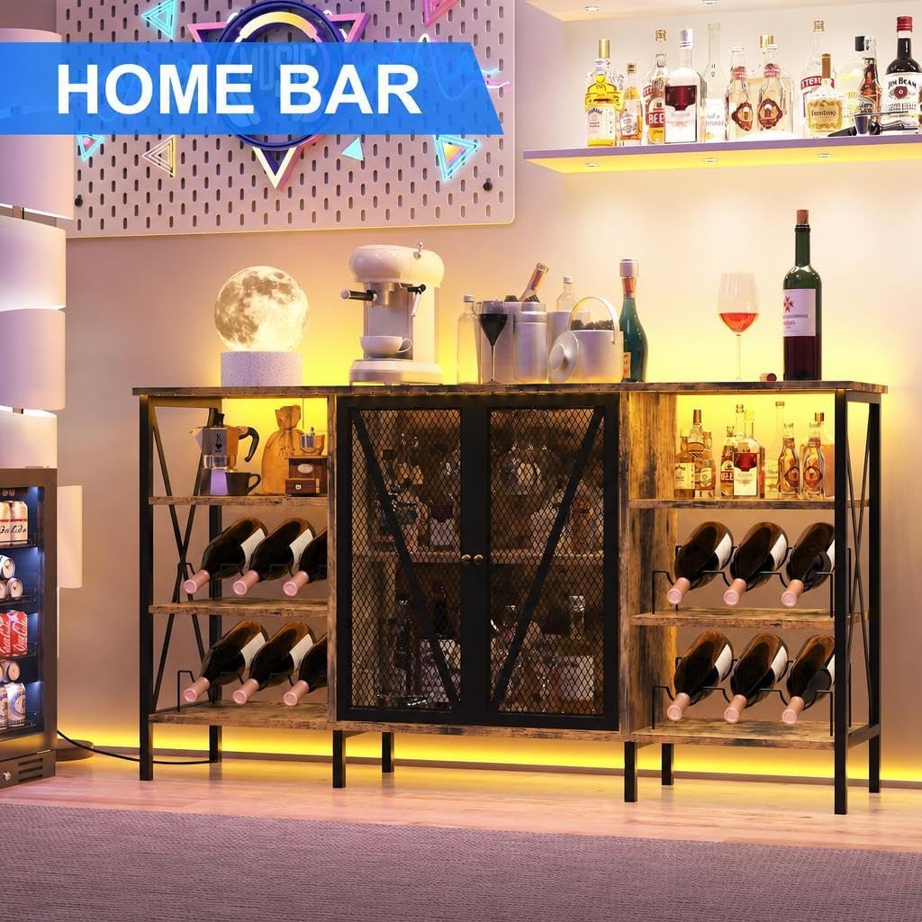 Farmhouse Wine Bar Cabinet with Led Light, Industry Coffee Bar with Wine Rack and Glass Holder, Metal Sideboard and Liquor Cabinet with Mesh Door for Living Room, 55.12"x13.78"x30.31", Rustic Brown