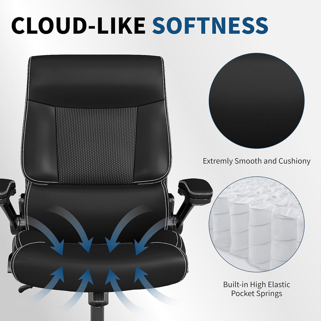 Ergonomic Big and Tall Office Chair, 500LBS PU Leather Executive Desk Chair with Lumbar Support and Flip-up Armrests, High Back, for Home and Office, Black