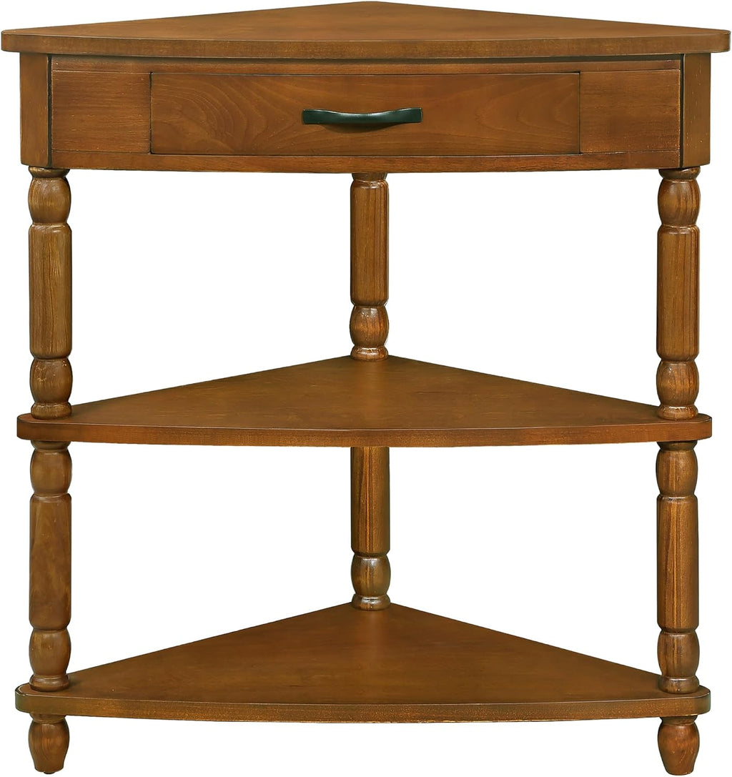LKTART 33.86'' Corner Table, 3 Tier Space with Drawer for Storage, Solid Wood End Corner Table for Small Space, Triangle Corner Side Table for Living Room,Brown