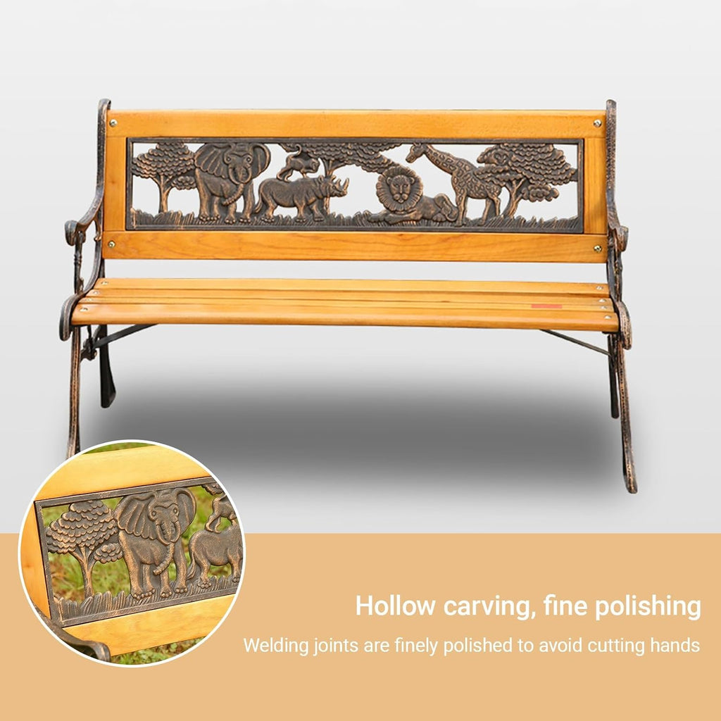 Kids Outdoor Garden Bench - 2-Person Wooden & Cast Iron Mini Bench with Animal Design Backrest & Armrests for Parks, Porches, Gardens, and Play Areas
