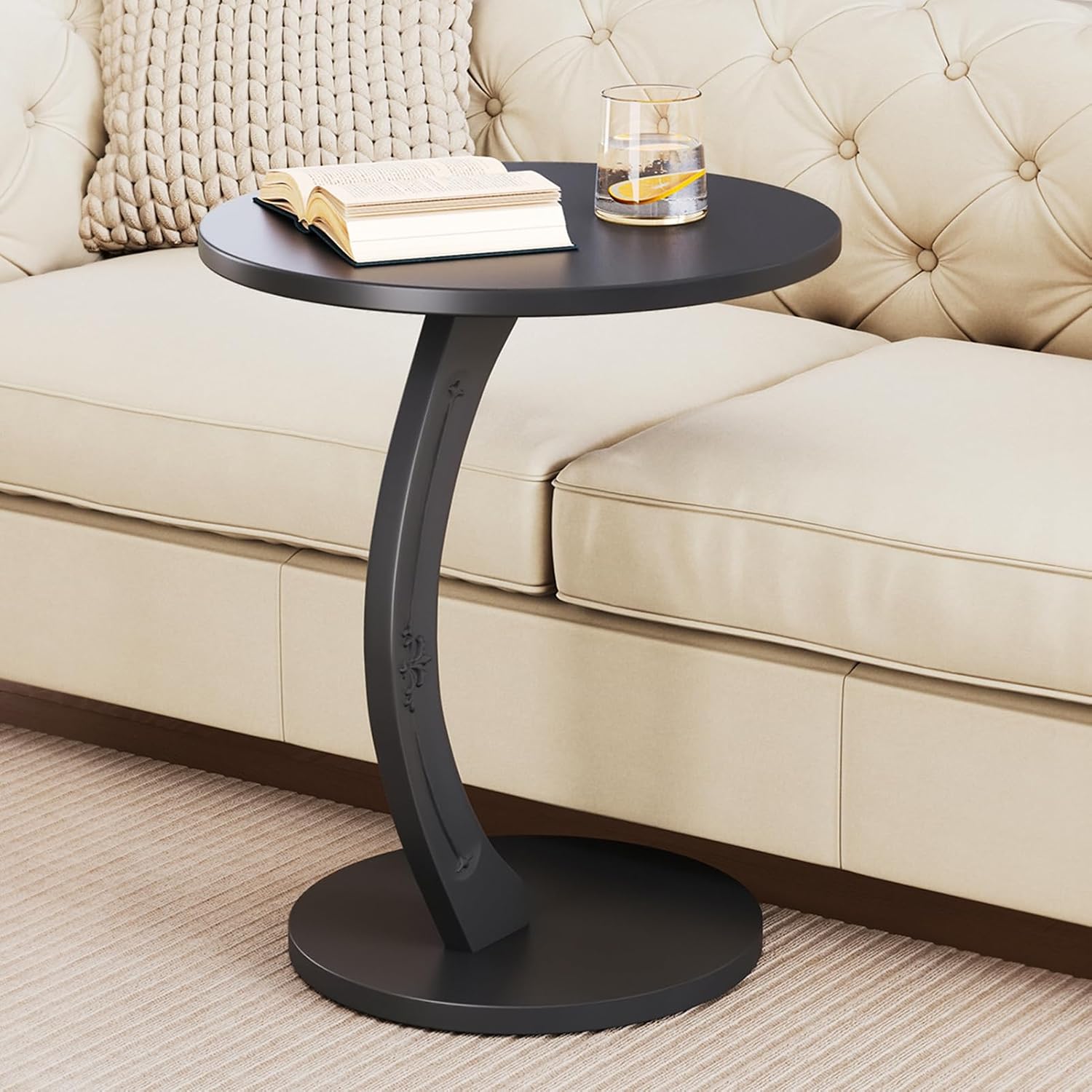 C-Shaped Solid Wood Round End Table - Side Table for Couch, Sofa Tables Slide Under Couch for Living Room, Small Nightstand for Small Space, Black