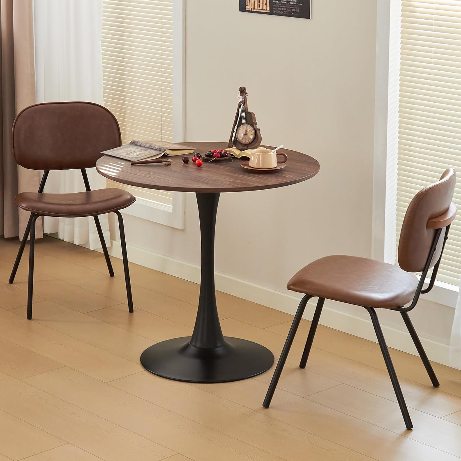 Round Dining Table 31.5" Circle Tulip Table with Thick Tabletop & Metal Pedestal, Mid-Century Modern Bistro Table for Kitchen, Living Room or Cafe, Faux Walnut