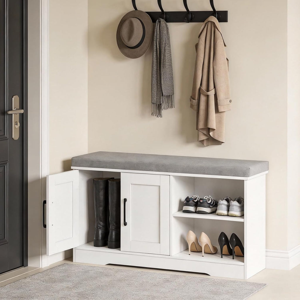 MAHANCRIS Storage Bench, 39.4" Wide Shoe Bench with Padded Seat Cushion, Entryway Bench with 2 Doors and Adjustable Shelf, End of Bed Bench, for Hallway, Bedroom, White and Gray BSWT1201