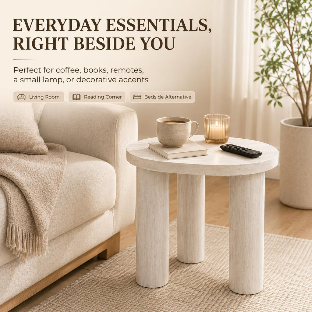 Small Round Side Table, Light Wood Grain End Table with 3 Cylindrical Legs, Modern Nightstand for Living Room, Bedroom, Sofa Side, Apartment
