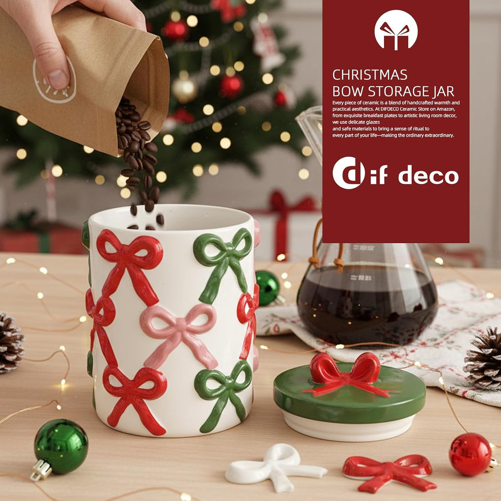 DIF DECO Christmas Ceramic Food Storage Jars with Lid, 56 OZ Xmas Hand-Painted Red and Green Bow Kitchen Containers for Coffee, Cookie, Snacks, Tea, Spice, Cereal, Nut, Flour