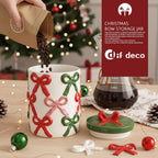 DIF DECO Christmas Ceramic Food Storage Jars with Lid, 56 OZ Xmas Hand-Painted Red and Green Bow Kitchen Containers for Coffee, Cookie, Snacks, Tea, Spice, Cereal, Nut, Flour