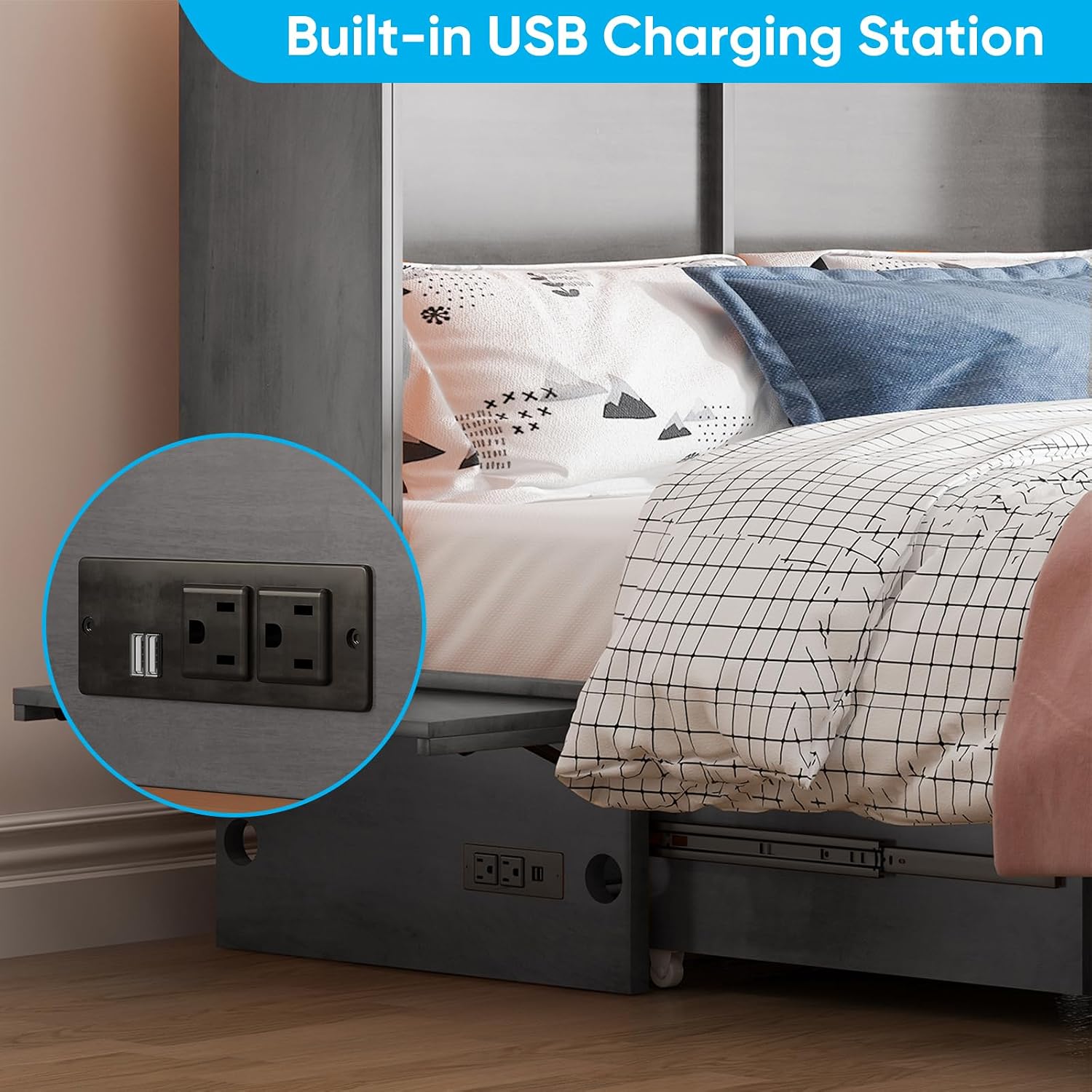 Mjkone Murphy Cabinet Bed, Queen Size No Mattress, Grey | Foldable Mattress, Guest Cabinet Murphy Beds with USB Ports, Cube Cabinets Chest Wall Beds with Drawers