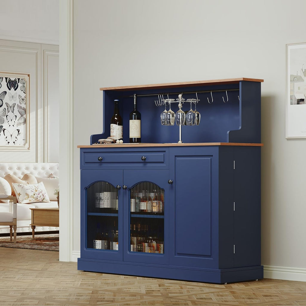 ARTPOWER Farmhosue Coffee Bar Cabinet with Hutch - 48” Modern Buffet Cabinet with Drawer Storage and Glass Doors,Wine Bar Table with Adjustable Shelves for Living Dining Room,Blue