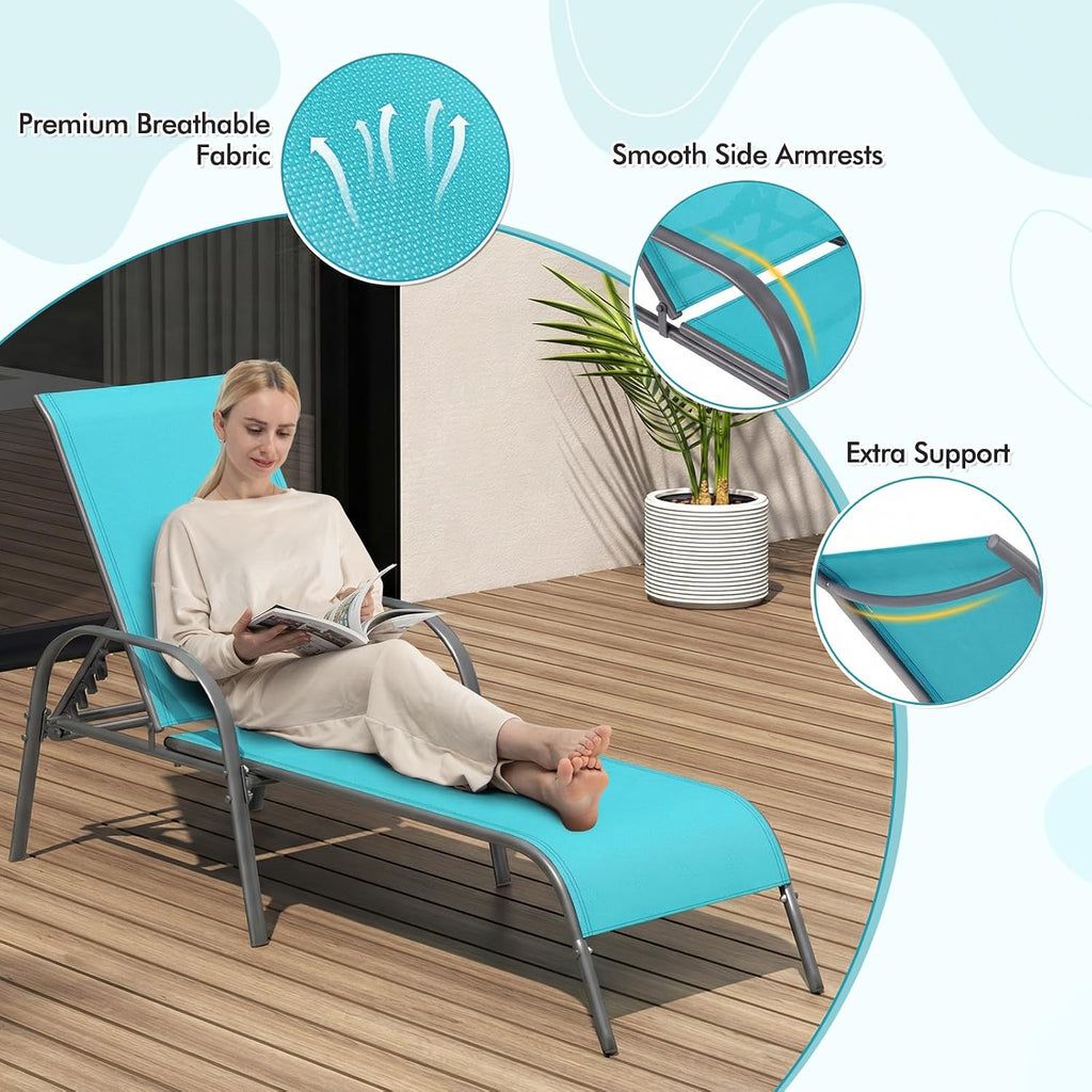 Tangkula Outdoor Lounge Chairs Set of 2, Patio Chaise Lounge with Adjustable Backrest, Reclining Pool Lounge Chairs for Outside with Heavy Duty Steel Frame for Beach, Yard, Balcony, Poolside