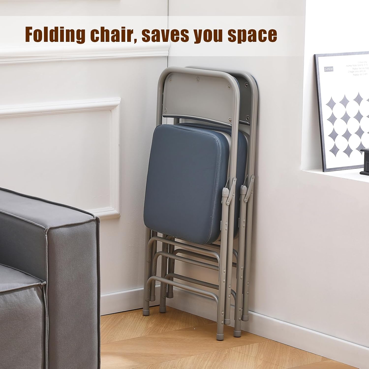 Padded Folding Chair, with Thick Cushioned Seat, Portable Metal Frame Foldable Chair for Indoor & Outdoor Use, Durable and Comfortable Upholstered Chair for Home, Office, and Events - Blue