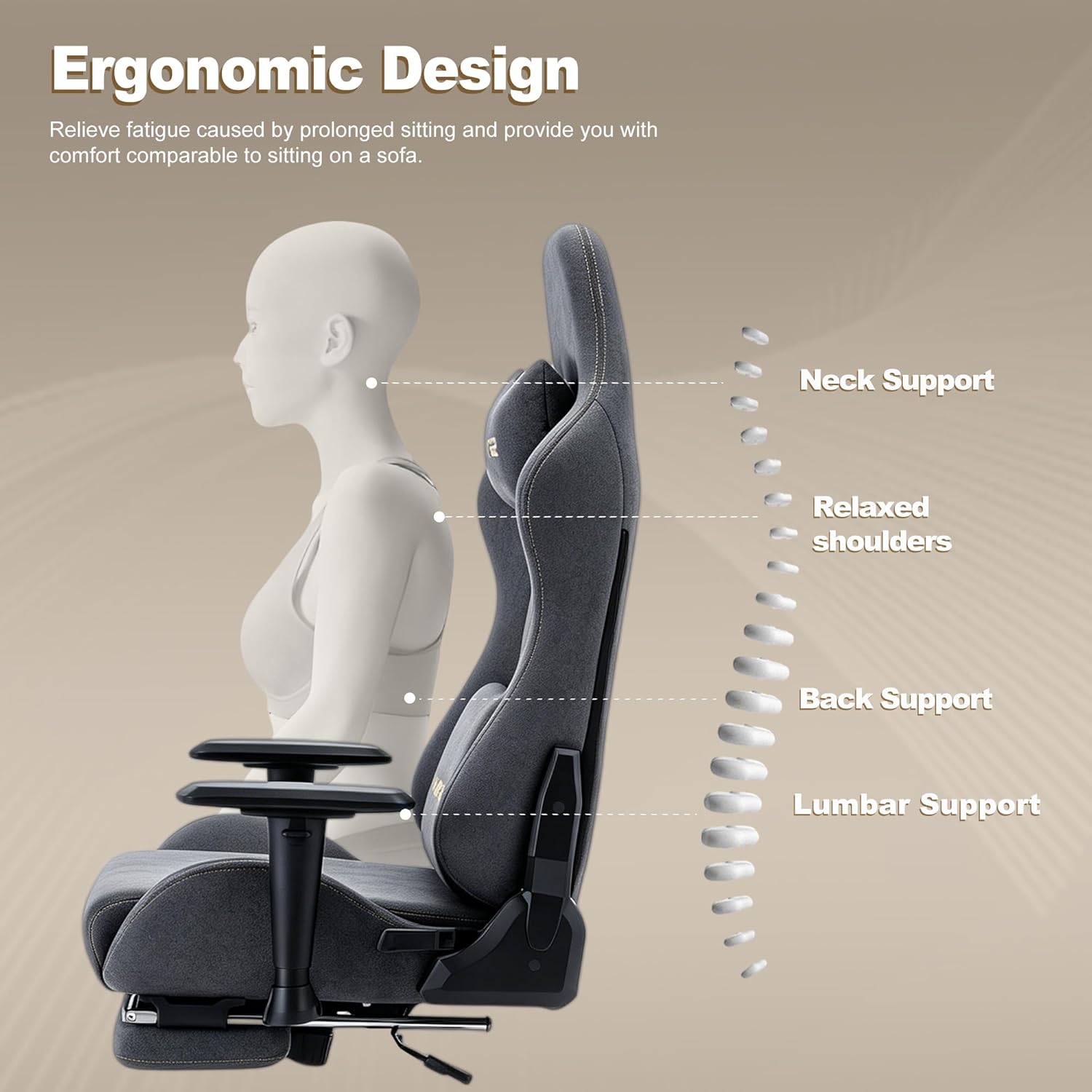 Symino Gaming Chair, Ergonomic Office Chair with 2D Armrests, 150° Recline, Breathable Faux Suede Fabric, Adjustable Headrest, Computer Desk Chair for Home Office, with Footrest, Grey
