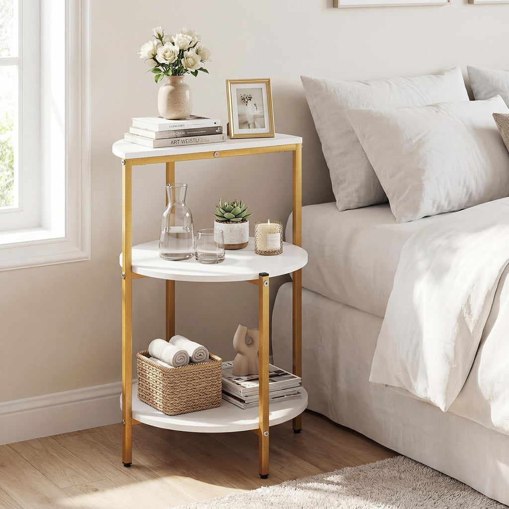 Giantex 3-Tier Round Side Table Set of 2, Wood Bedside Sofa End Table with Storage Shelves & Metal Frame, Modern Slim Night Stand for Bedroom Living Room Entryway Small Spaces, White & Gold