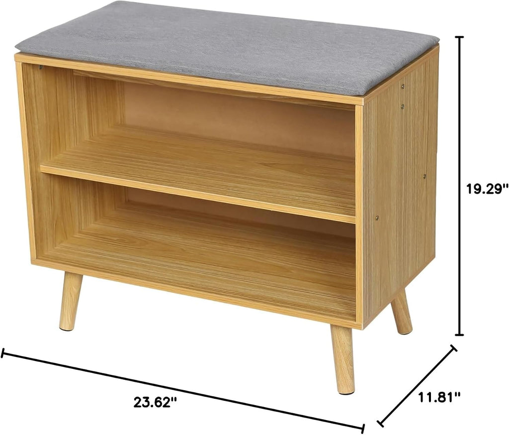 60cm Rubber Wood Shoe Bench with Cushion, 2-Tier Shoe Storage Stool, Perfect for Home