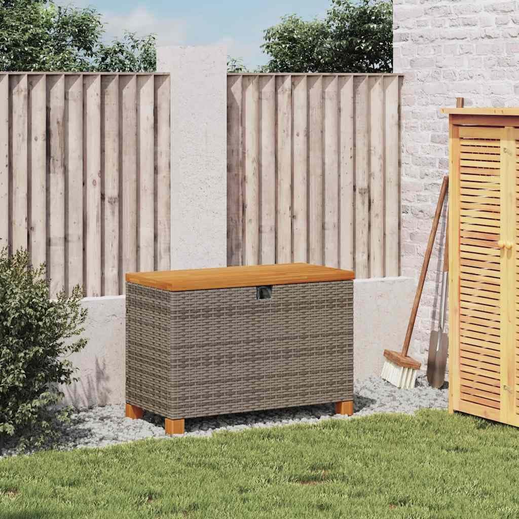 Gray PE Rattan Patio Storage Box with Acacia Wood Top, 31.5x15.7x18.9 Inch Garden Storage Bench with Waterproof Bag and Gas Spring