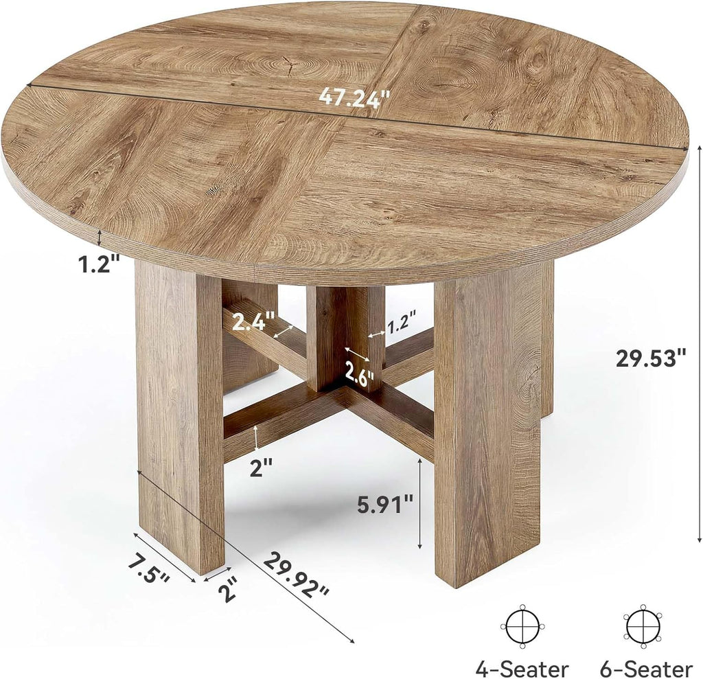 LITTLE TREE 47 inch Round Dining Table, Round Kitchen Table for 6, Farmhouse 47" Dinner Room Tables, Rustic Circle Tables for Kitchen, Dining