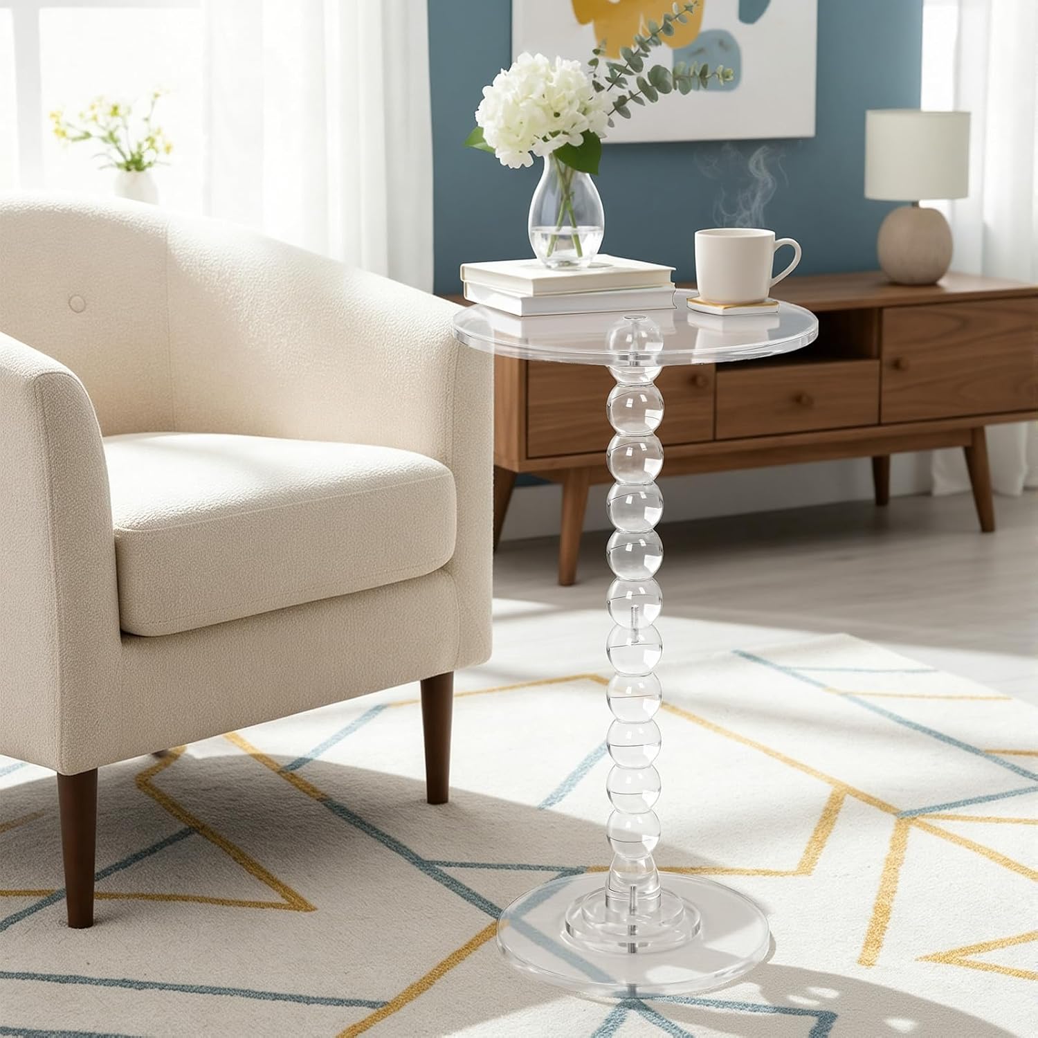 Acrylic Side Table, Clear Round End Table, Pedestal Side Tables 11.8" X 21.7", Modern Nightstand for Living Room Bedroom Balcony Decor, Easy Assembly for Small Spaces Transparent