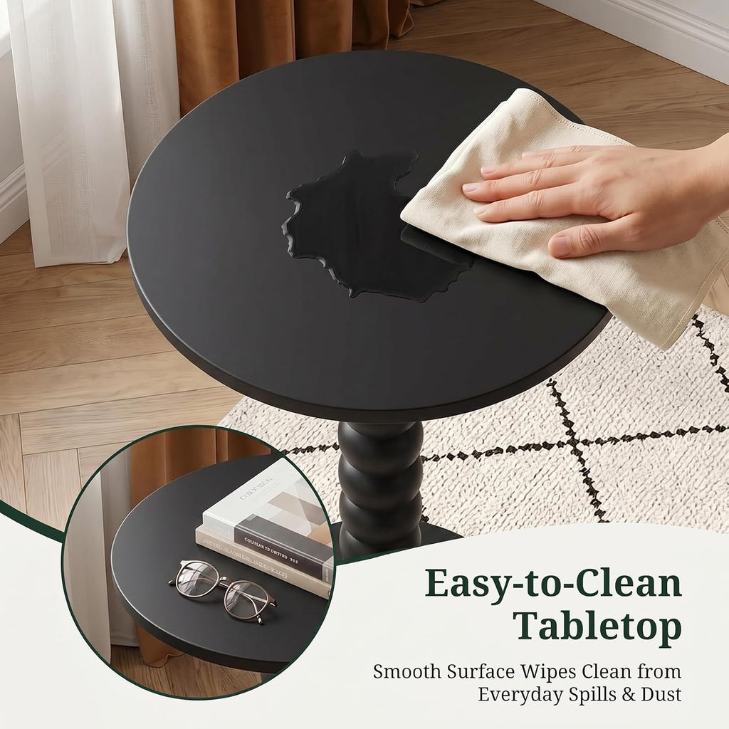 Round Side Table for Small Spaces, Modern Pedestal End Table with Solid Wood Spindle Leg, Small Drink Table Accent Nightstand for Living Room, Bedroom, Sofa Side, Apartment & Office, Black