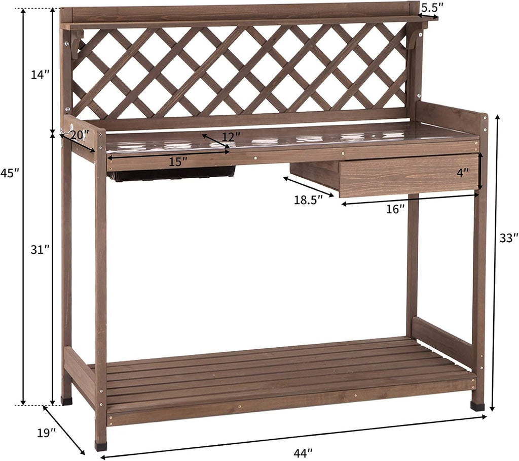 GUTINNEEN Potting Bench Garden Table for Plants Outside Outdoor Wooden Garden Work Bench with Sink Storage PVC Layer Drawer Shelf Hook for Gardening